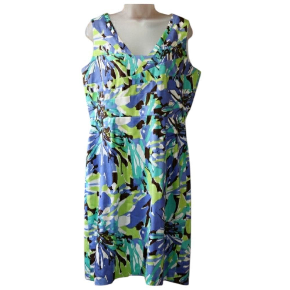T Tahari Blue & Green Floral V-Neck Sheath Dress | Sleeveless Professional 12